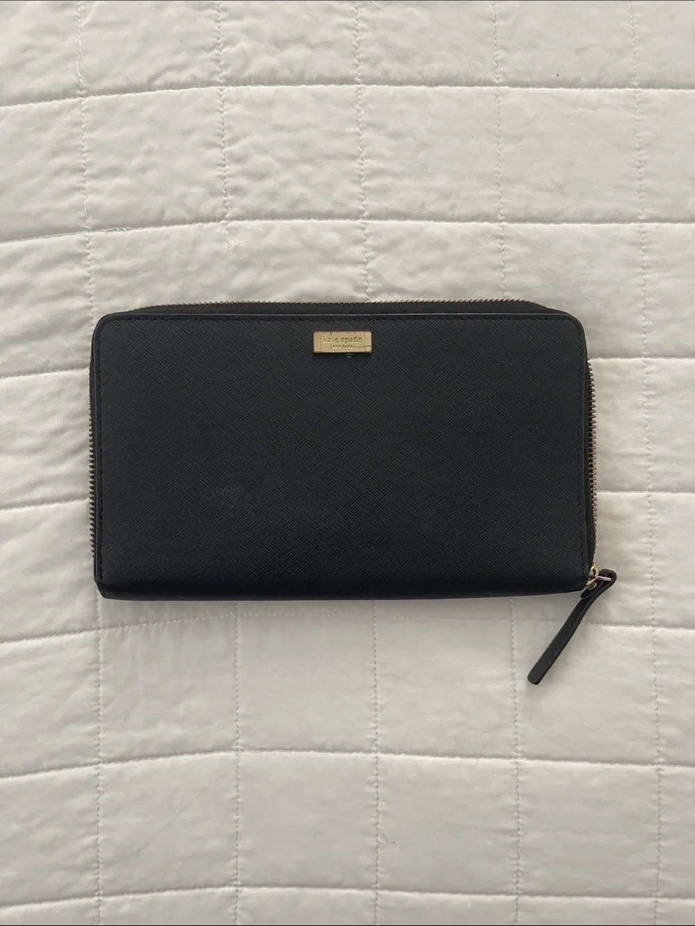 kate spade Black Zip-Around Leather Wallet with Gold Plaque